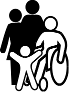 Symbol of a group of people including a wheelchair user